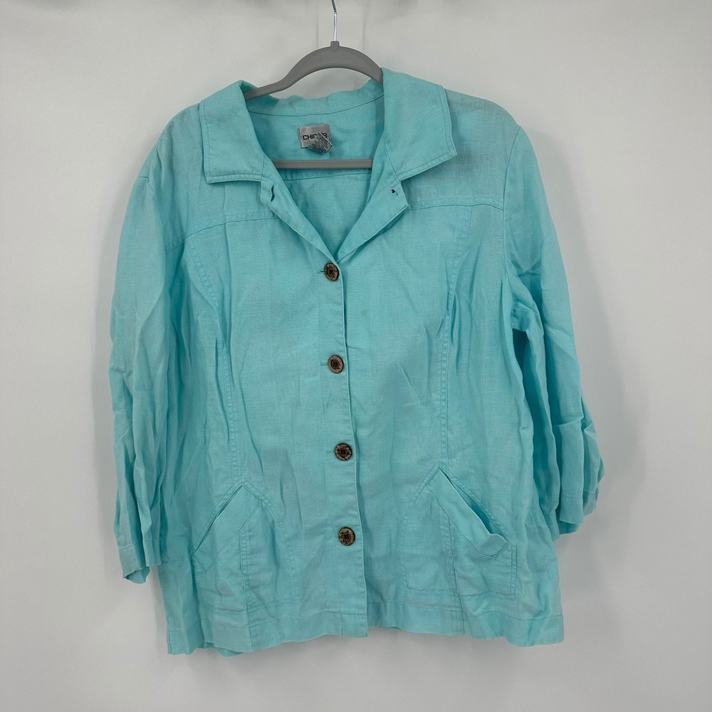 Chicos Womens Lagenlook Linen Jacket Size 3 US XL Teal Minimalist Lightweight